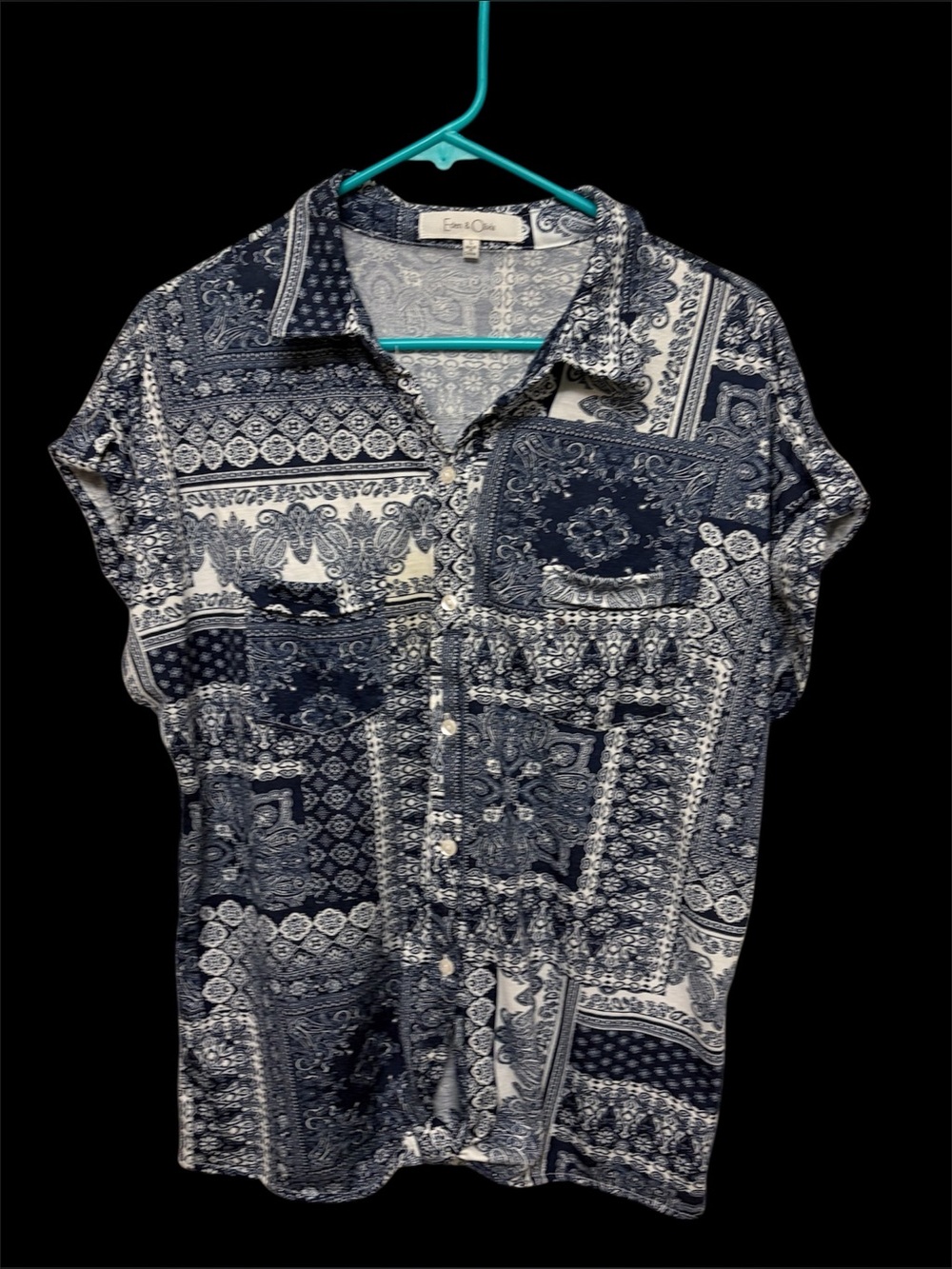 Eden & Olivia Navy and White Bandana Patchwork Button-Front Blouse